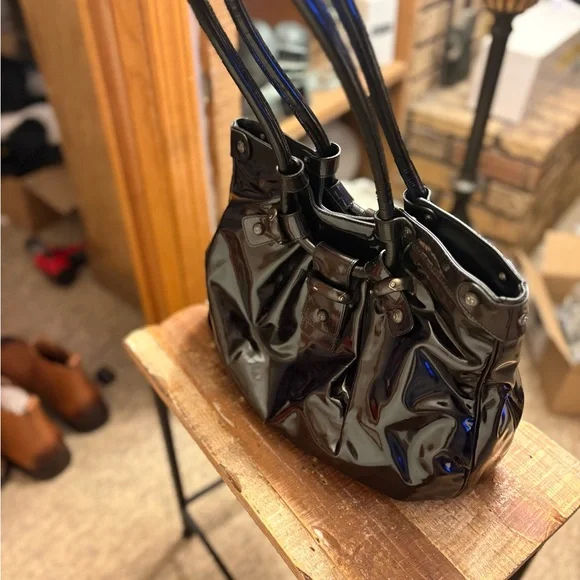 Authentic Salvatore Ferragamo Black Patent Leather Celtico Satchel